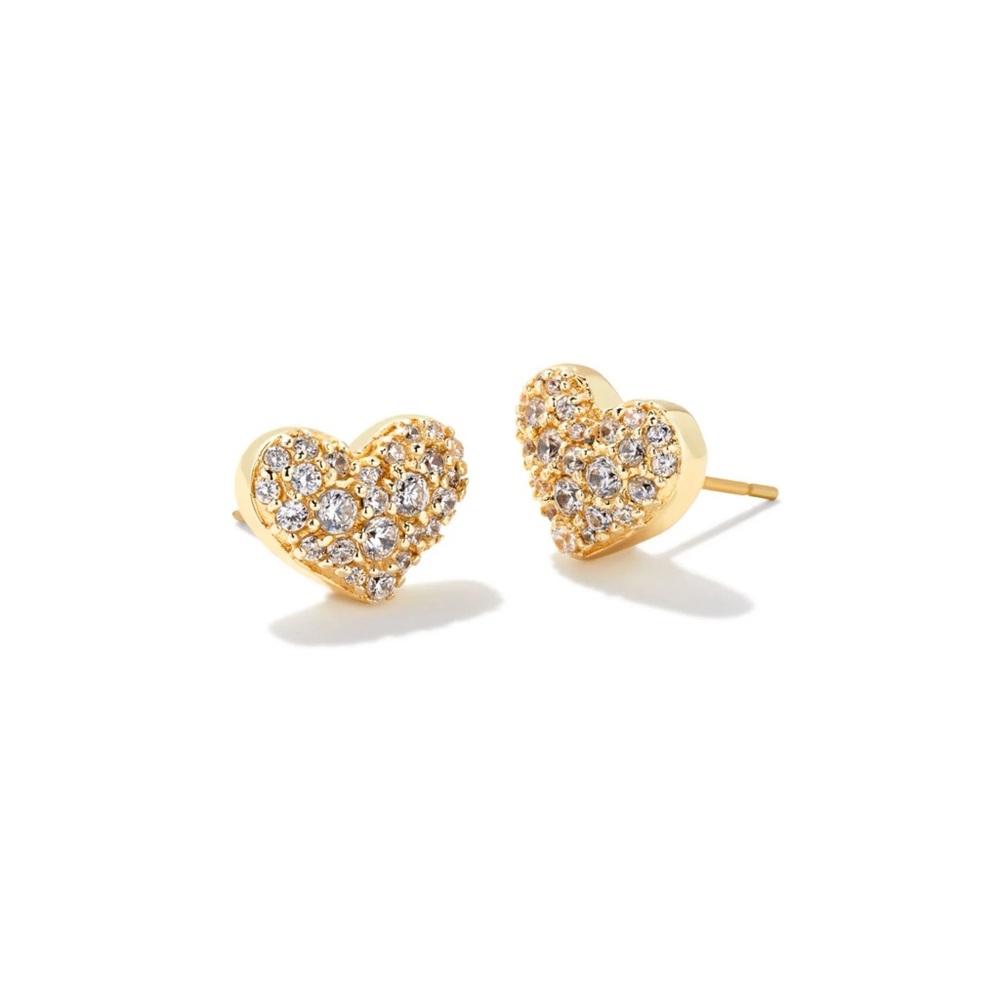 NWT Kendra Scott Ari Gold Pave Crystal Heart Earrings in White CZ